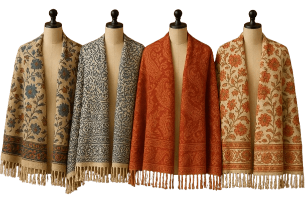 Four traditional patterned shawls draped on mannequins, featuring floral and paisley designs with fringed edges against a wooden background