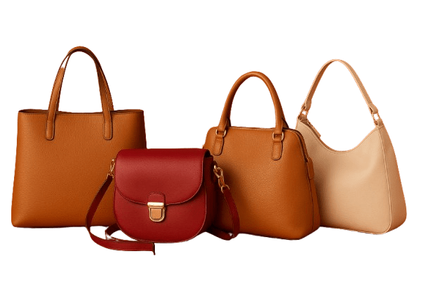 Stylish collection of handbags in neutral and bold tones displayed against an orange slider background.