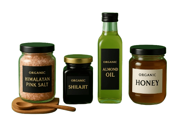 Organic Himalayan Pink Salt, Shilajit, Almond Oil, and Honey jars displayed against a green background.
