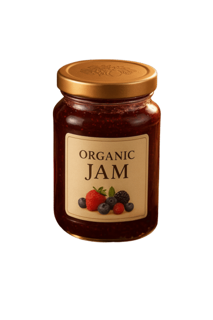 Organic mixed berry jam in a glass jar with fresh berries and wooden spoon.