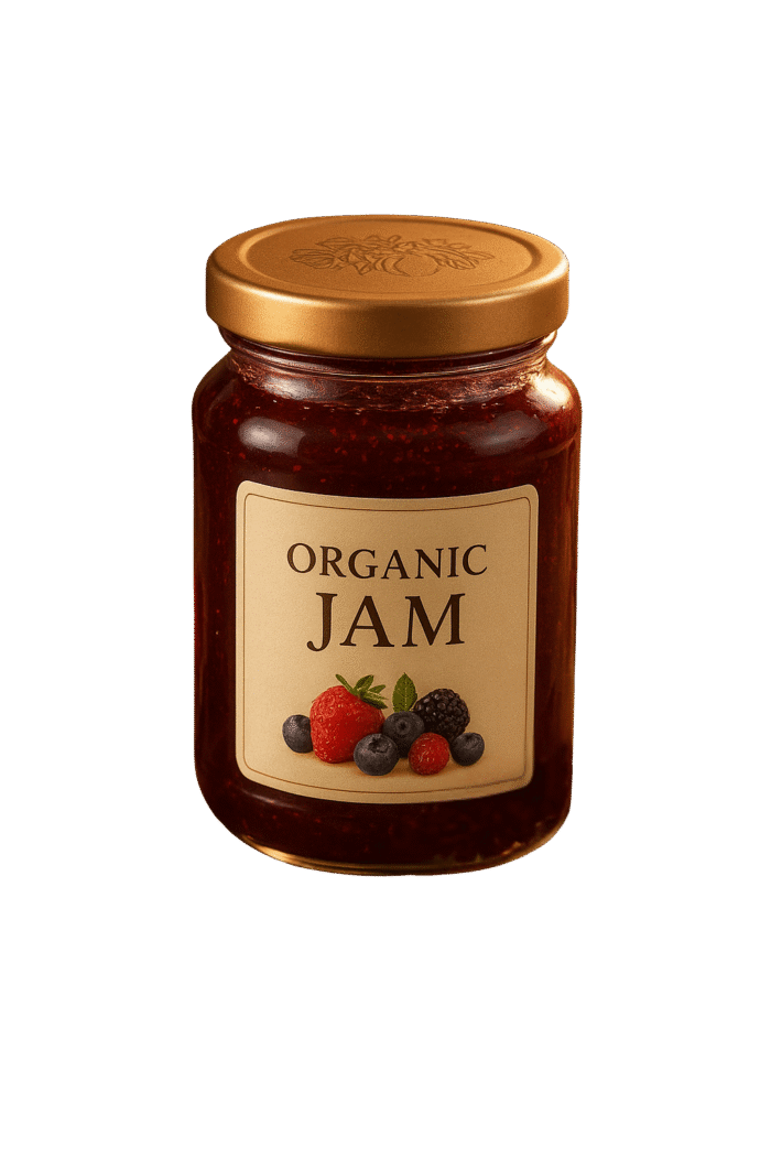 Organic mixed berry jam in a glass jar with fresh berries and wooden spoon.