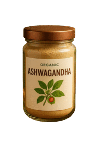 Glass jar of organic ashwagandha powder with brown lid and herbal plant illustration on label