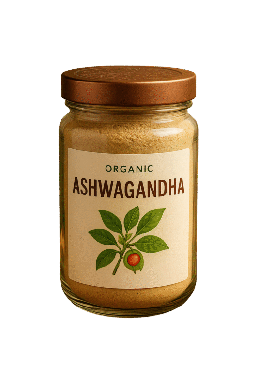 Glass jar of organic ashwagandha powder with brown lid and herbal plant illustration on label