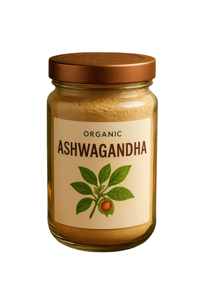 Glass jar of organic ashwagandha powder with brown lid and herbal plant illustration on label
