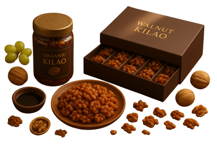 Organic Walnut Kilao in premium jar and gift box with natural walnuts and honey coating – traditional organic sweet