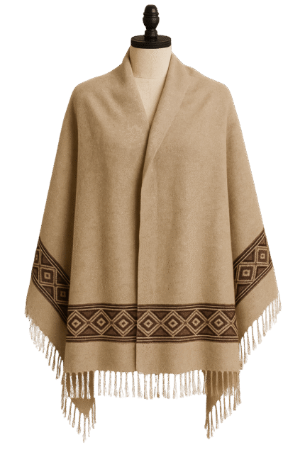 Handmade beige wool shawl with tribal geometric border design and fringed edges.