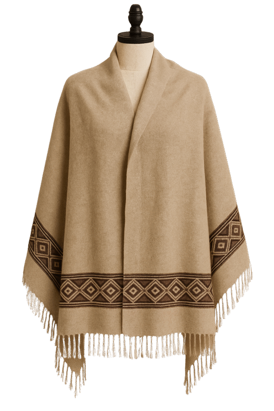 Handmade beige wool shawl with tribal geometric border design and fringed edges.