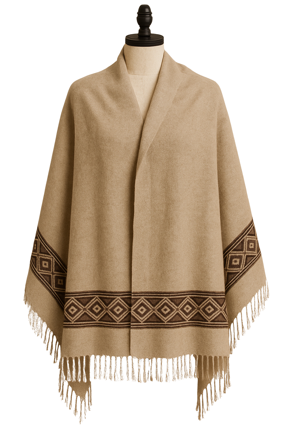 Handmade beige wool shawl with tribal geometric border design and fringed edges.