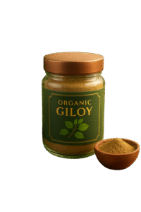 Organic Giloy powder in a premium glass jar with bronze lid and a wooden bowl filled with herbal powder.