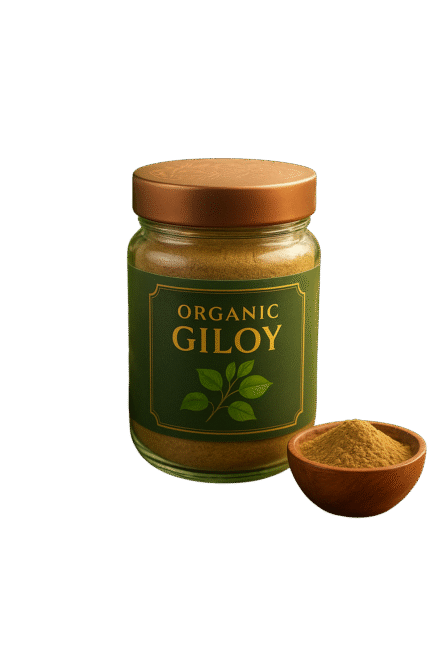Organic Giloy powder in a premium glass jar with bronze lid and a wooden bowl filled with herbal powder.
