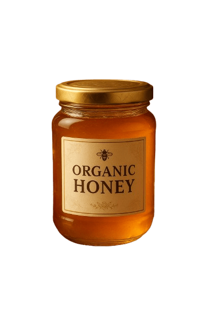 Premium glass jar of organic honey with golden lid, fresh honeycomb, chamomile flowers, and bees in natural studio lighting.