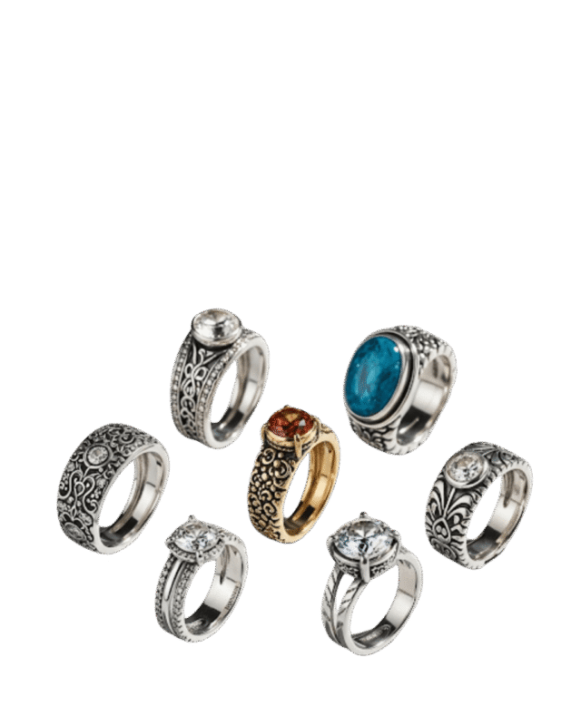Collection of handcrafted gemstone rings featuring ruby, emerald, sapphire, amethyst, and topaz set in premium metal bands.