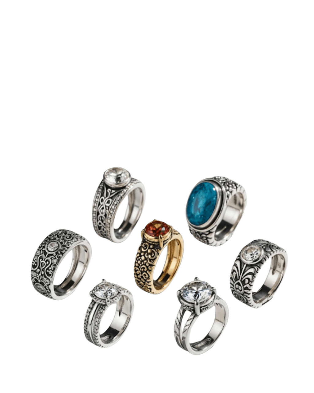 Collection of handcrafted gemstone rings featuring ruby, emerald, sapphire, amethyst, and topaz set in premium metal bands.