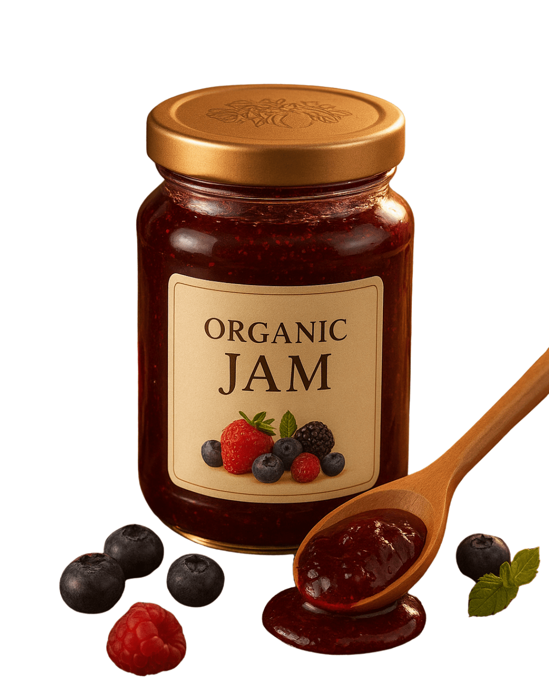Organic mixed berry jam in a glass jar with fresh berries and wooden spoon.
