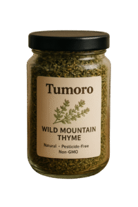 Glass jar of Tumoro Wild Mountain Thyme - natural, pesticide-free, non-GMO dried herb