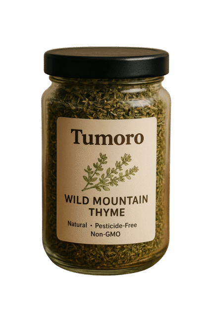 Glass jar of Tumoro Wild Mountain Thyme - natural, pesticide-free, non-GMO dried herb