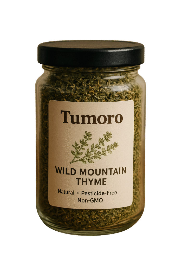Glass jar of Tumoro Wild Mountain Thyme - natural, pesticide-free, non-GMO dried herb