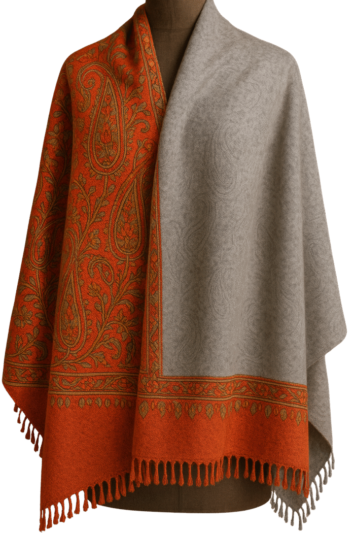 Elegant Kashmiri two-sided shawl with reversible design, showcasing traditional patterns and fine handwoven detailing.