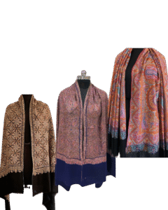 Handcrafted Pashmina shawl with an elegant woven border design, draped gracefully to highlight its soft and luxurious texture.
