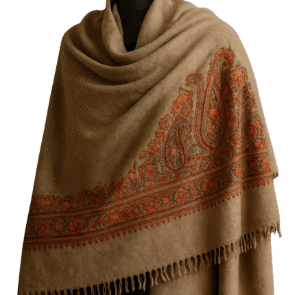Luxurious Kashmiri wool shawl with fine handwoven detailing, soft texture, and elegant traditional design.