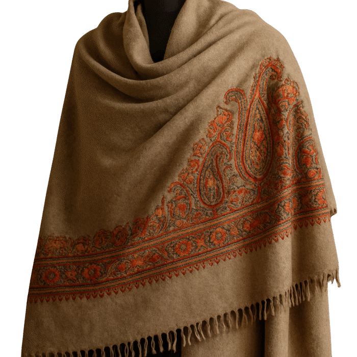 Luxurious Kashmiri wool shawl with fine handwoven detailing, soft texture, and elegant traditional design.