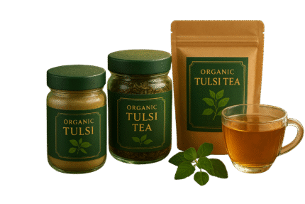 Organic Tulsi tea, dried Tulsi leaves, and Tulsi powder in eco-friendly packaging – natural herbal wellness products