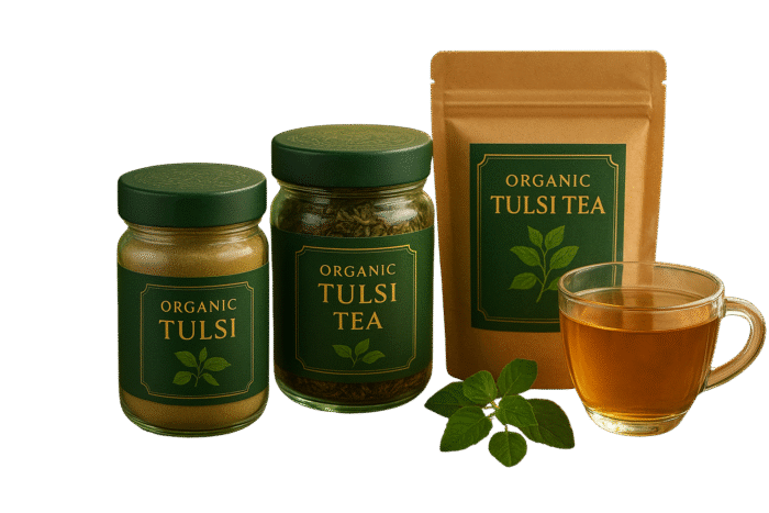 Organic Tulsi tea, dried Tulsi leaves, and Tulsi powder in eco-friendly packaging – natural herbal wellness products