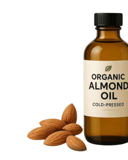 Pure organic almond oil in a glass bottle with fresh almonds displayed around it on a natural wooden surface.