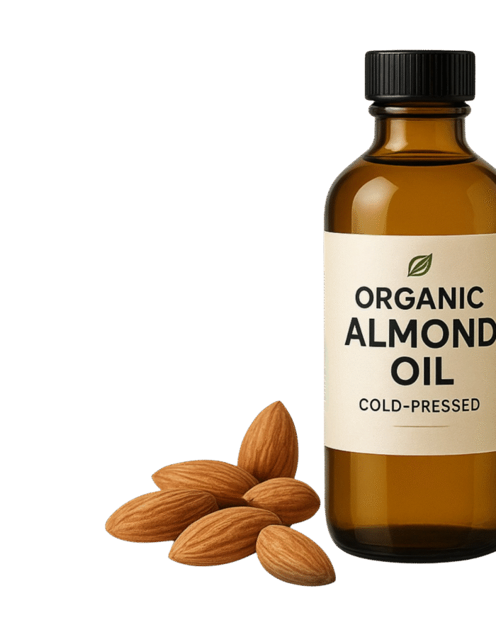Pure organic almond oil in a glass bottle with fresh almonds displayed around it on a natural wooden surface.
