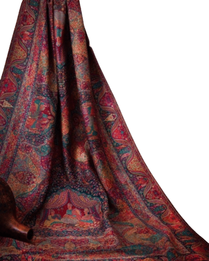 Handmade Pashmina shawl with fine weaving and elegant detailing, draped gracefully to showcase its soft texture and luxury finish.
