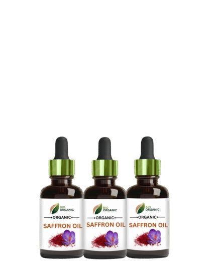 Pure organic saffron oil in a glass bottle with saffron strands around it, displayed on a natural surface.