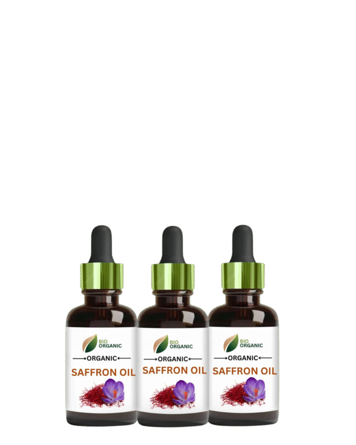 Pure organic saffron oil in a glass bottle with saffron strands around it, displayed on a natural surface.