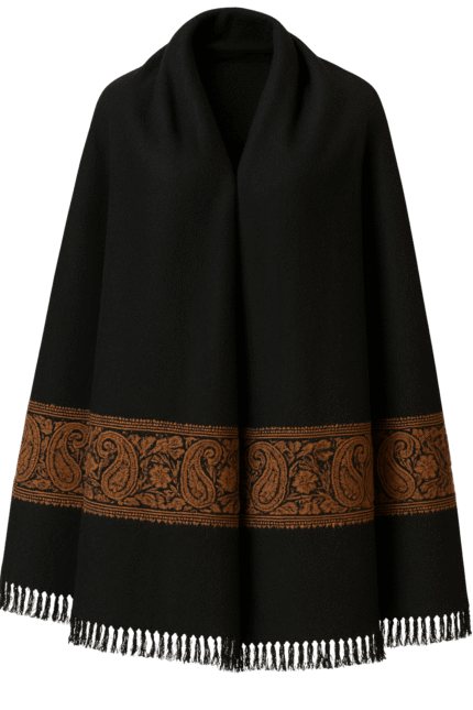 Elegant shawl with a soft fabric and contrasting ginger-colored border, neatly draped to highlight its classic design.