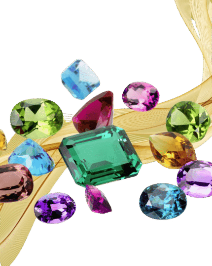 Collection of colorful cut gemstones including emerald, sapphire, amethyst, and topaz displayed on golden fabric