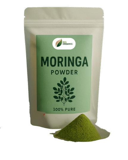 Organic moringa powder in eco-friendly packaging – natural superfood for health and energy