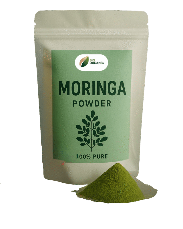 Organic moringa powder in eco-friendly packaging – natural superfood for health and energy