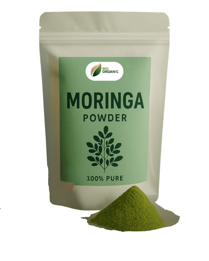 Organic moringa powder in eco-friendly packaging – natural superfood for health and energy