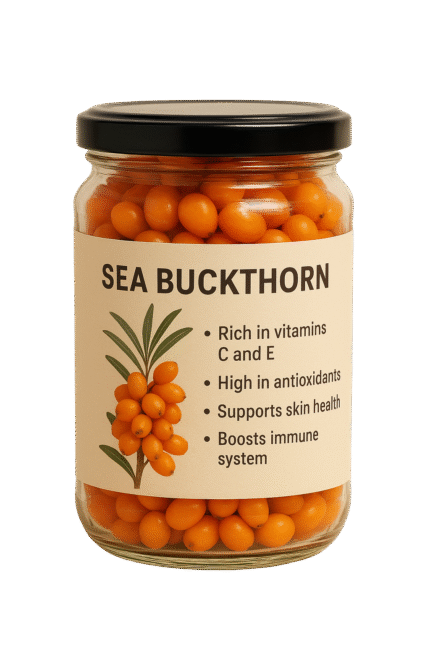 Fresh sea buckthorn berries with vibrant orange color rich in nutrients and antioxidants