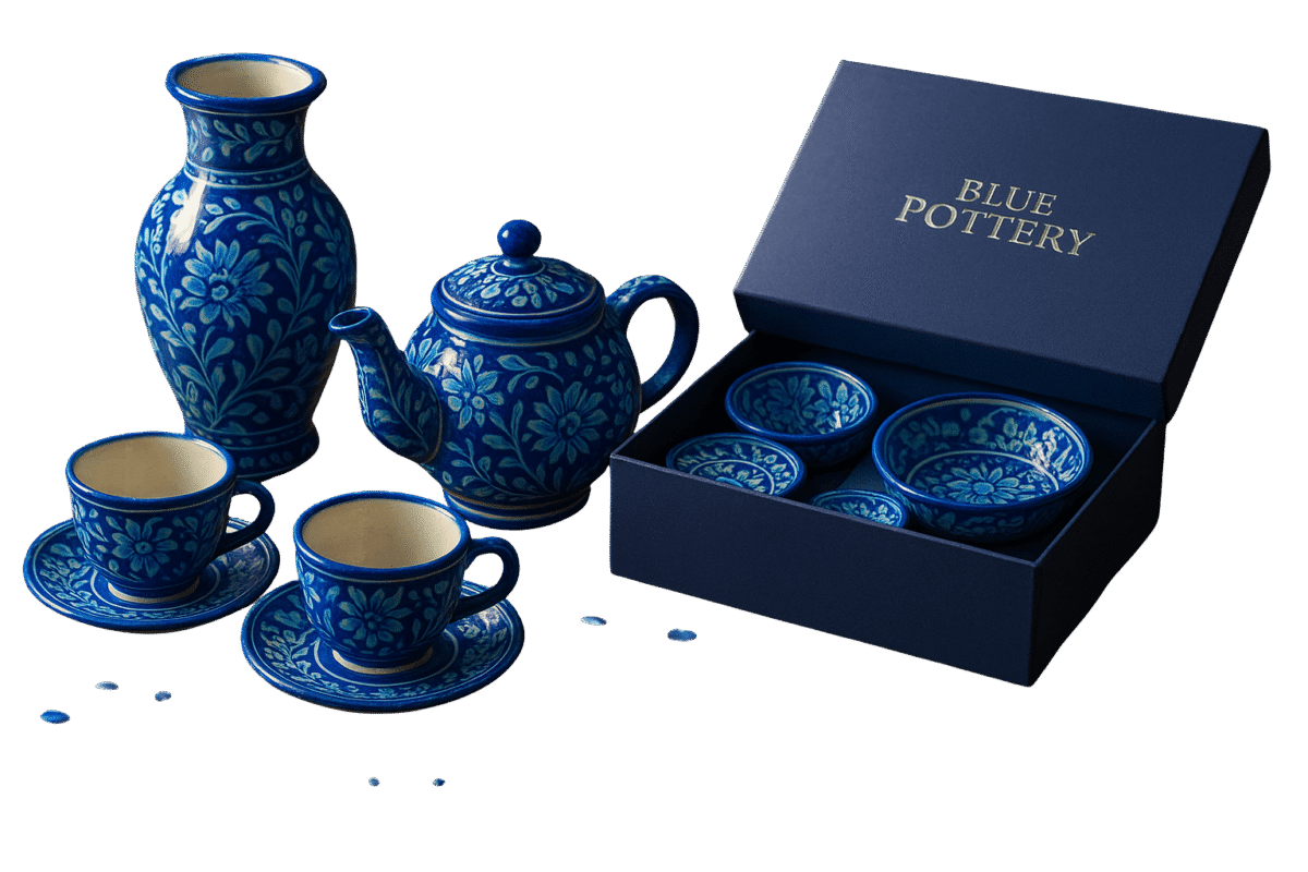Handcrafted blue pottery bowl with intricate floral design.