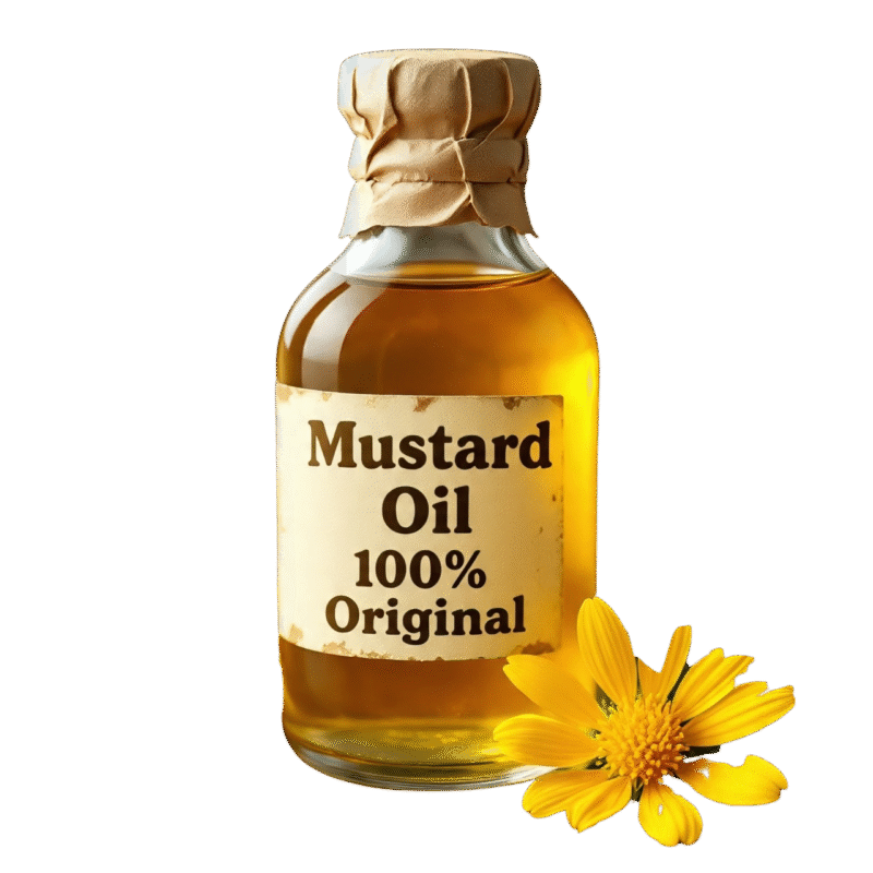 Pure mustard oil in a glass bottle with mustard seeds placed beside it
