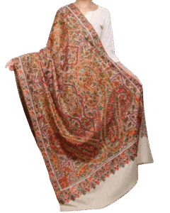 Elegant handcrafted Pashmina shawl with fine embroidery, draped gracefully on a mannequin against a neutral background