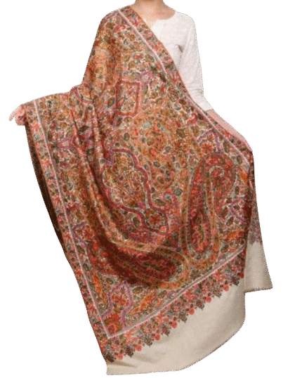 Elegant handcrafted Pashmina shawl with fine embroidery, draped gracefully on a mannequin against a neutral background