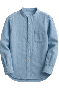 Light blue casual button-up shirt with mandarin collar and chest pocket