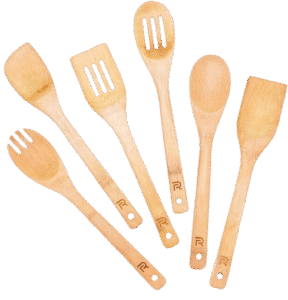 Set of six eco-friendly bamboo wooden cooking spoons and spatulas for kitchen use.