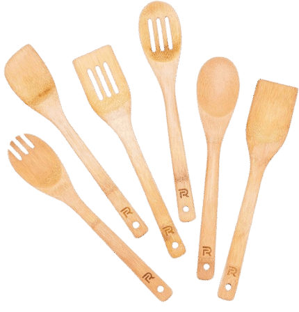 Set of six eco-friendly bamboo wooden cooking spoons and spatulas for kitchen use.