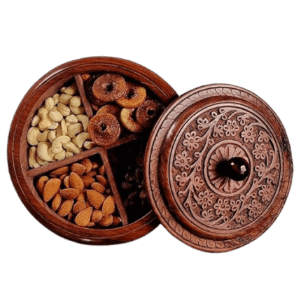 Handcrafted wooden dry fruit box with carved floral lid, filled with cashews, almonds, figs, and raisins.