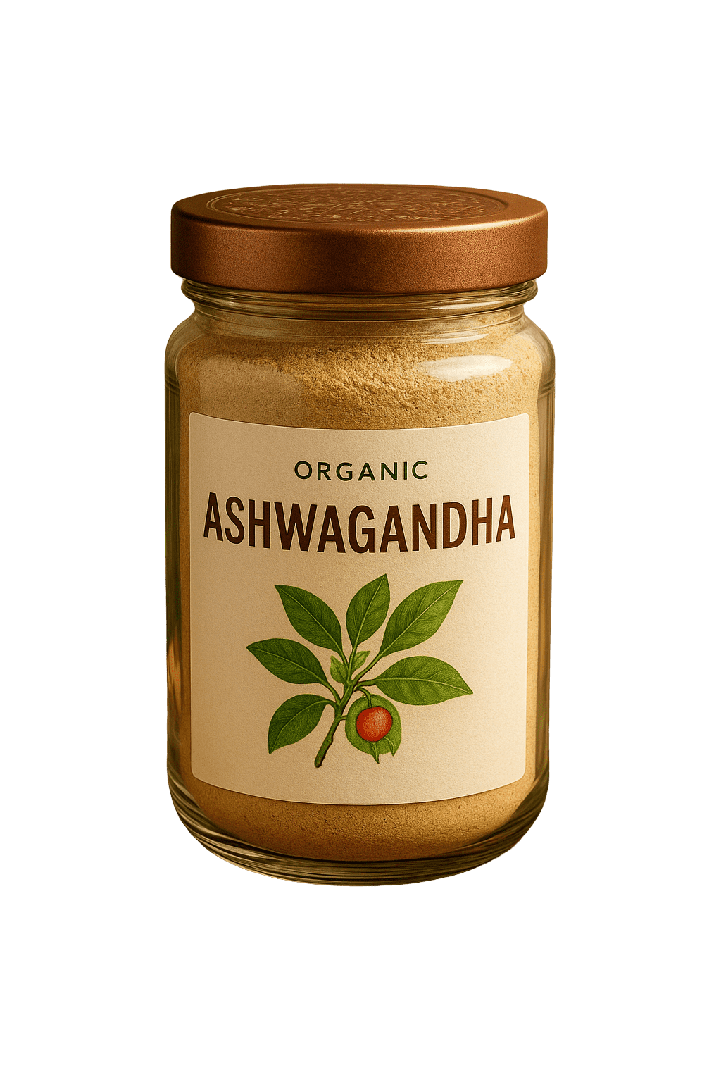 Organic Ashwagandha Powder – Natural Stress Relief & Energy Booster Glass jar of organic ashwagandha powder with brown lid and herbal plant illustration on label