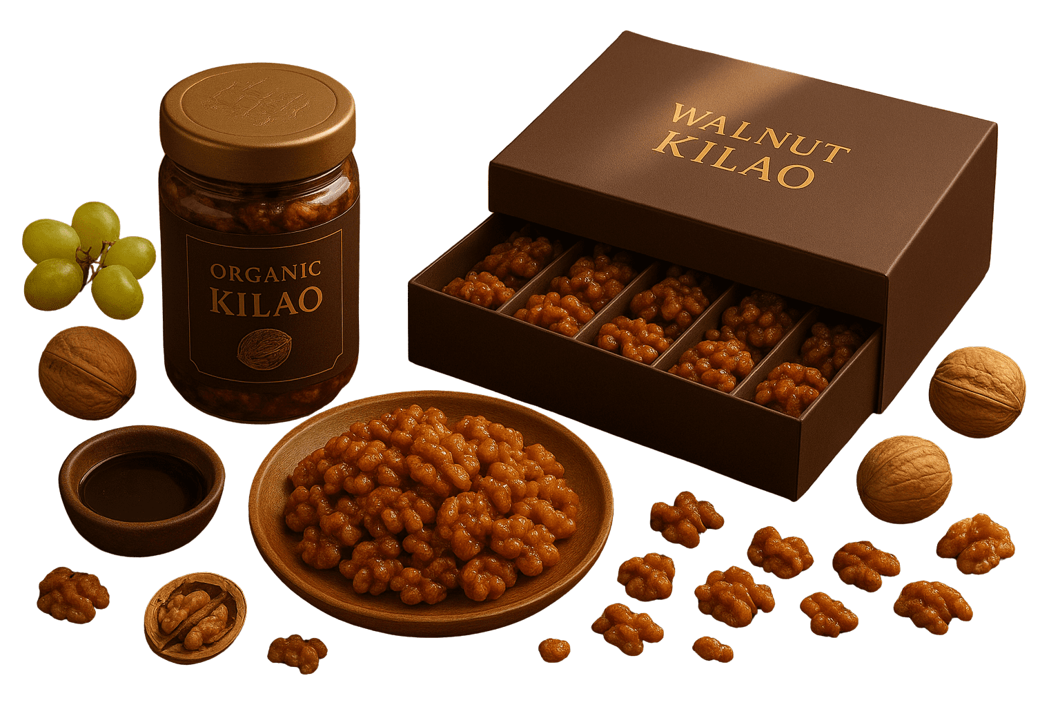 Organic Walnut Kilao – Premium Traditional Sweet with Walnuts & Honey Organic Walnut Kilao in premium jar and gift box with natural walnuts and honey coating – traditional organic sweet