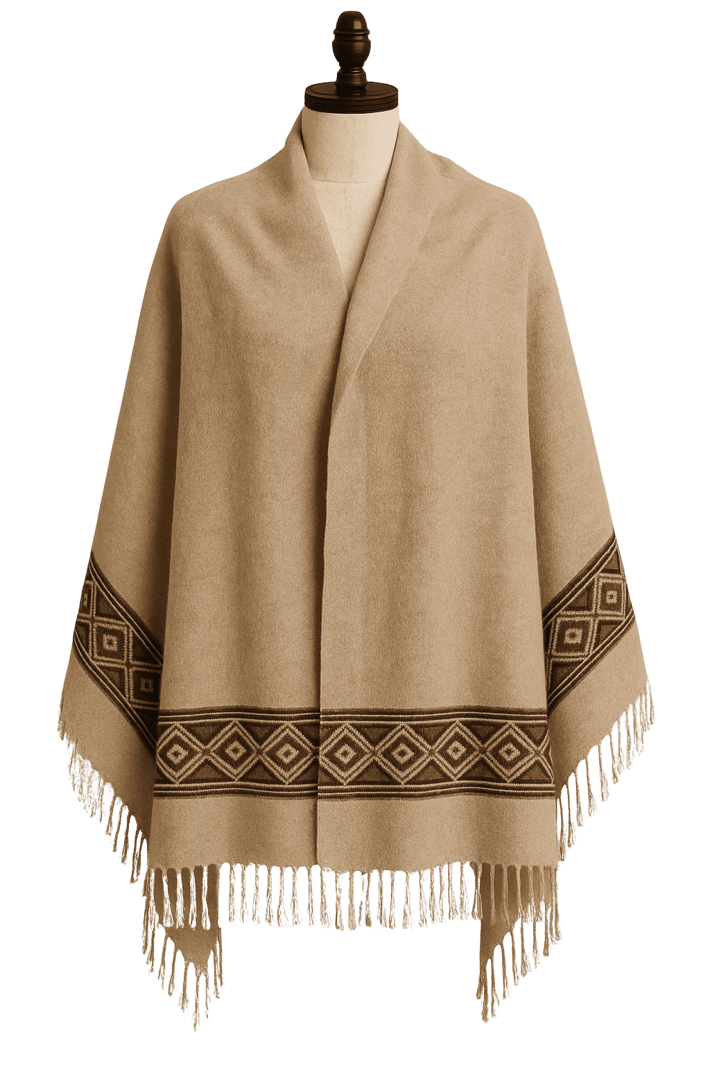 Handcrafted Wool Shawl with Traditional Geometric Border Handmade beige wool shawl with tribal geometric border design and fringed edges.