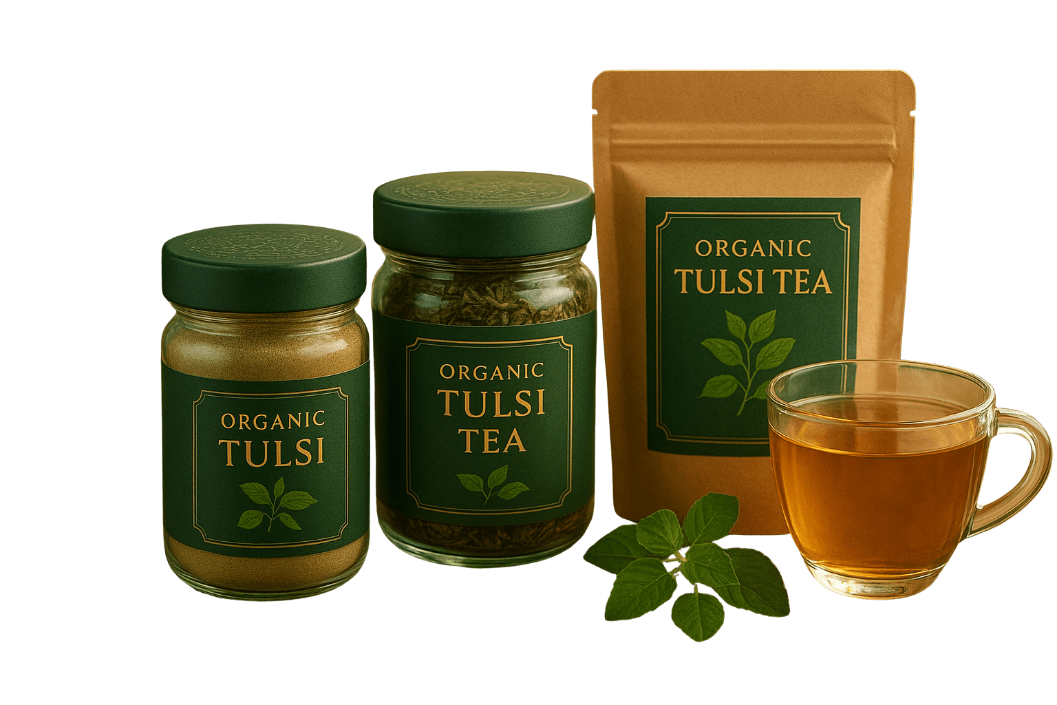 Organic Tulsi Tea, Leaves & Powder – Herbal Wellness Collection Organic Tulsi tea, dried Tulsi leaves, and Tulsi powder in eco-friendly packaging – natural herbal wellness products